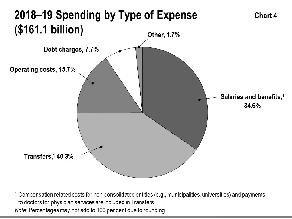 This chart shows the percentage composition of Ontario’s total expenses in 2018–19 by type of expense. Total expense is $161.1 billion.  Transfers account for 40.3 per cent. Salaries and benefits account for 34.6 per cent. Operating costs account for 15.7 per cent. Debt charges account for 7.7 per cent. Other expenses account for 1.7 per cent.Note that compensation related costs for non-consolidated entities (e.g., municipalities, universities) and payments to doctors for physician services are included in 
