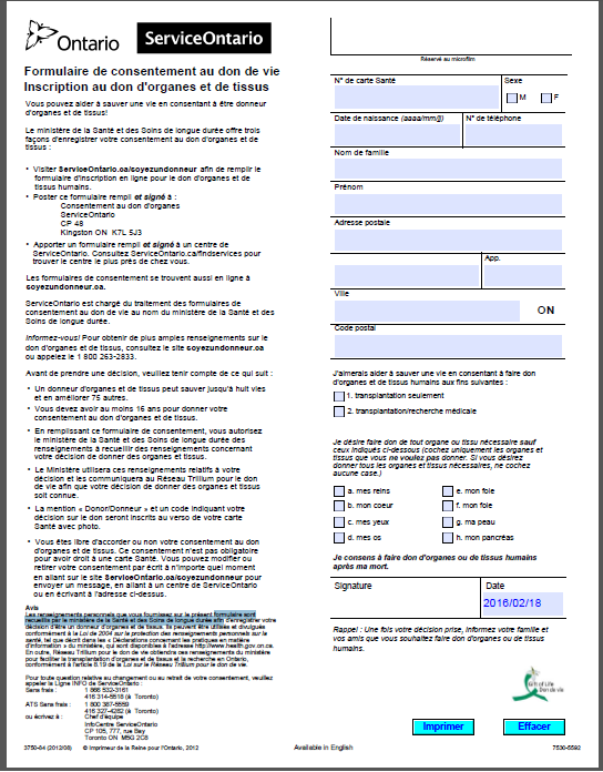 Image de la pleine page du formulaire d'inscription au don d'organes précédemment utilisé par le RéseauTrillium pour le don de vie. Le formulaire est en noir et blanc, a un texte écrit en petit le long du côté gauche de la page. Sur le côté droit des espaces sont réservés aux renseignements personnels (numéro d'assurance-santé, sexe, date de naissance, numéro de téléphone, nom, prénom, adresse postale) et pour préciser si la personne désire s’inscrire comme donneur pour une transplantation seulement ou pour