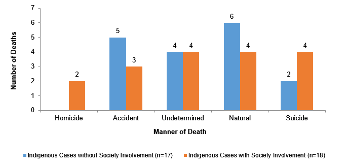 Chart 20: The manners of death in 2018 were: 2 homicides, 8 accidents, 8 undetermined, 10 natural and 6 suicide.&nbsp; 