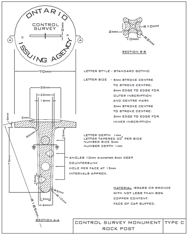Diagram of a rock post control survey monument specifications. Please refer to the caption for detailed monument specifications