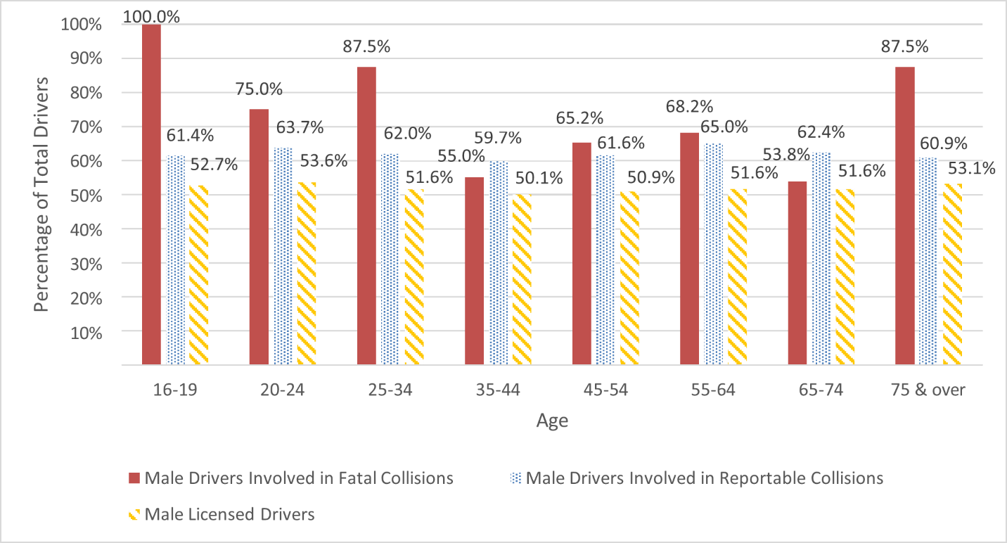Figure 18 compares the percentage of males in each age category involved in fatal collisions and reportable collisions to the percentage of licensed male drivers in the same age category. 