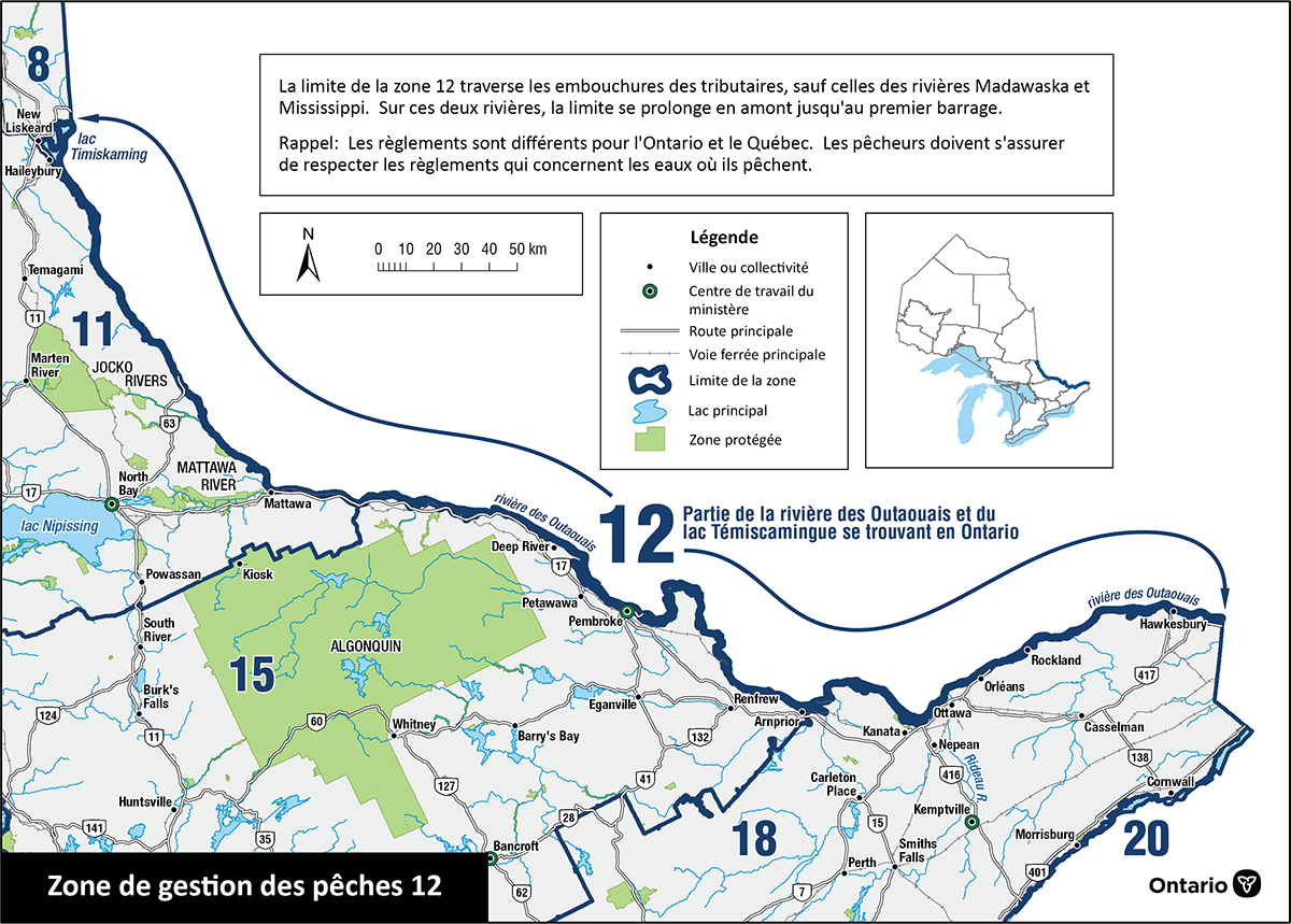 La zone 12&nbsp;comprend le lac Témiscamingue et la rivière des Outaouais, y compris les rivières Madawaska et Mississippi jusqu’au premier barrage.