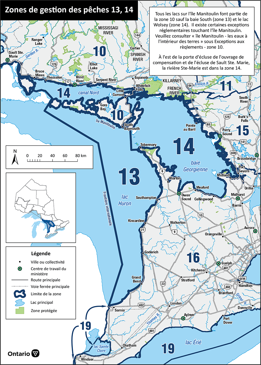 La zone 13&nbsp;se compose du bassin principal du lac Huron tandis que la zone 14&nbsp;se compose de la baie Georgienne et du chenal North.