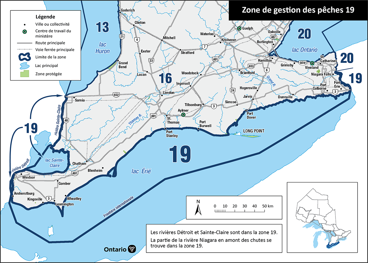 La zone 19 se compose du lac Érié, y compris le lac Sainte- Claire et les rivières Sainte-Claire, Detroit et Niagara (partie supérieure).