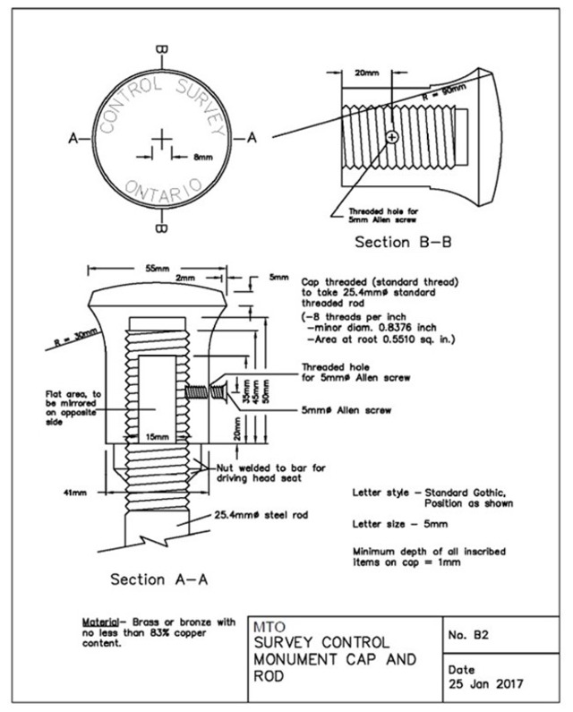 Représentation de haut en bas d’une borne d’arpentage à la tête et à la tige en bronze. Veuillez vous référer à la légende pour connaître les spécifications détaillées de la borne.