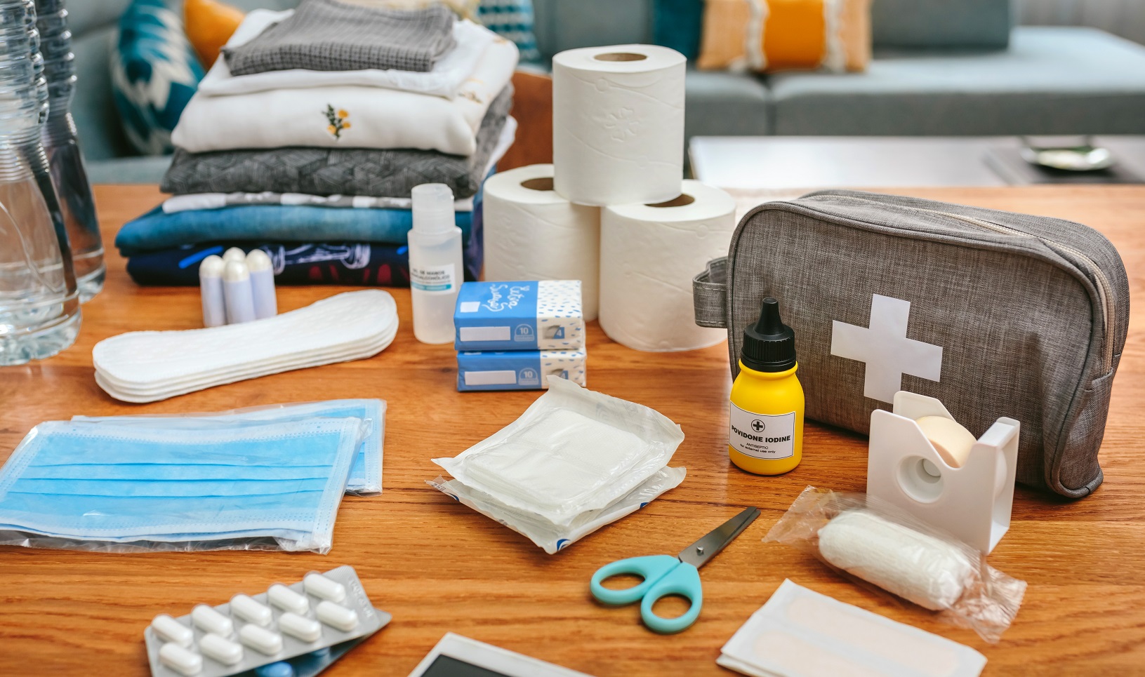 A table with a first aid kit