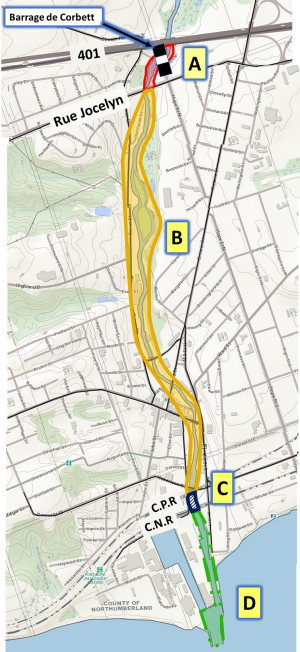 Zones de pêche actuelles dans la partie inférieure de la rivière Ganaraska. Les zones correspondent aux descriptions et aux règles énumérées ci-dessous dans le tableau. Secteur&nbsp;A&nbsp;– De l’autoroute&nbsp;401 jusqu’au côté sud de la rue Jocelyn. Secteur&nbsp;B&nbsp;– Du côté sud de la rue Jocelyn jusqu’au côté sud du pont du Chemin de fer Canadien Pacifique (CFCP). Secteur&nbsp;C&nbsp;– En aval du côté sud du pont du CFCP jusqu’au côté sud de l’emprise du Canadien National (CN). Secteur&nbsp;D&nbsp;– Du côté sud de l’emprise du CN jusqu’au lac Ontario.