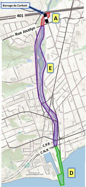 Zones de pêche proposées dans la partie inférieure de la rivière Ganaraska. Les zones correspondent aux descriptions et aux règles énumérées ci-dessous dans le tableau. Secteur&nbsp;A&nbsp;– De l’autoroute&nbsp;401 jusqu’au côté sud de la rue Jocelyn. Secteur&nbsp;E&nbsp;– Du côté sud de la rue Jocelyn jusqu’au côté sud de l’emprise du Canadien National (CN). Secteur&nbsp;D&nbsp;– Du côté sud de l’emprise du CN jusqu’au lac Ontario.