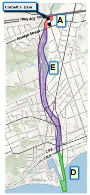 Proposed fishing areas on the lower Ganaraska River. Areas correspond with descriptions and rules listed below in the table. Area A–from Highway 401 to the south side of Jocelyn Street. Area E–from south side of Jocelyn Street to the southerly side of the Canadian National Railway (CNR) right-of-way. Area D–south side of CNR right-of-way to Lake Ontario.