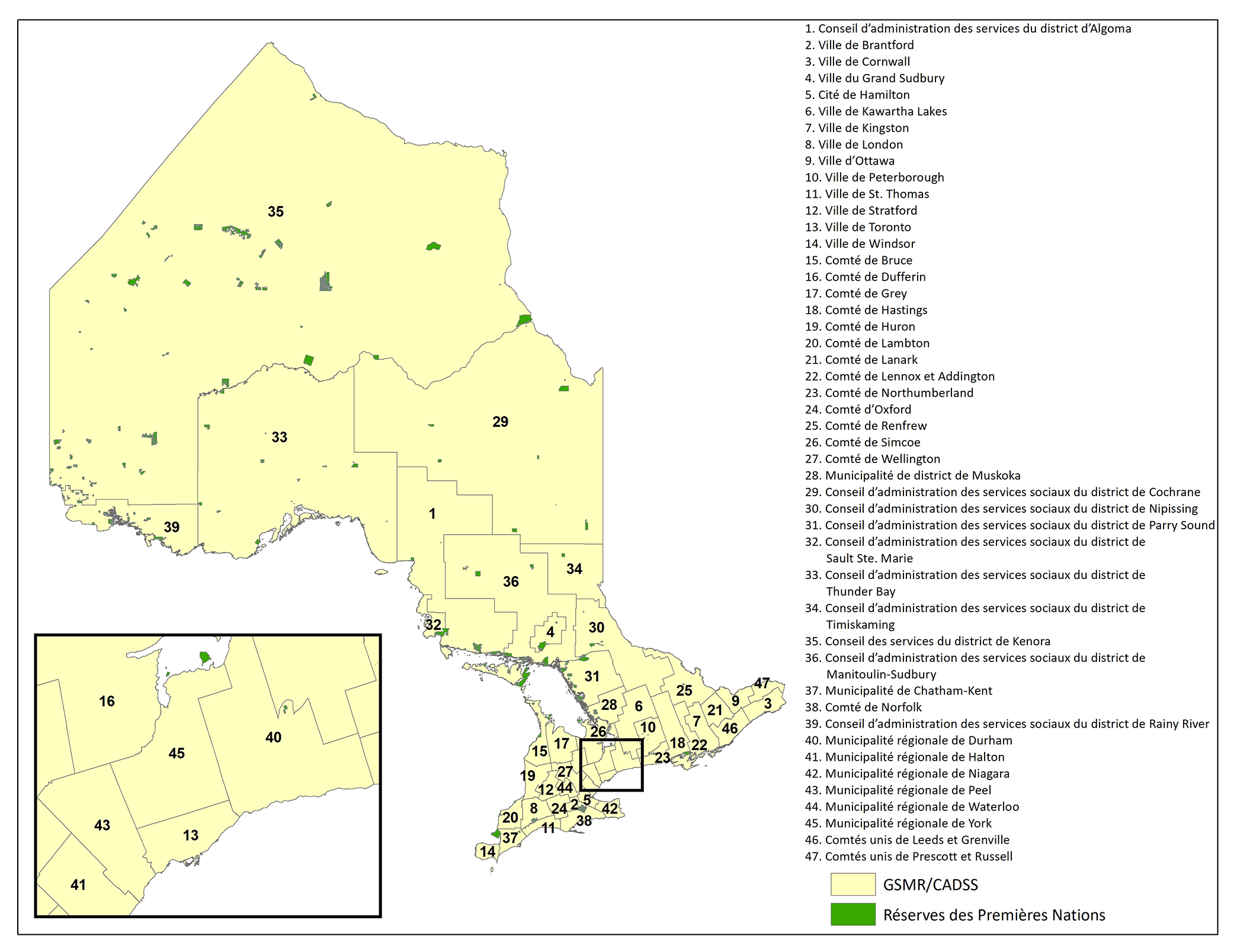 Figure&nbsp;1&nbsp;: Gestionnaires des services  municipaux regroupés et conseils d&rsquo;administration de district des services sociaux en Ontario