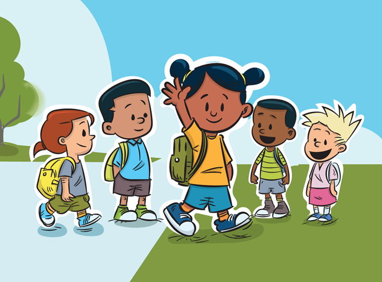 Drawing of young children wearing backpacks and excited for kindergarten.