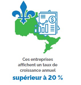 Illustration d’une carte de l’Ontario verte surmontée d’une fleur de lis bleue, à côté d’un document financier stylisé affichant un graphique à barres, une flèche ascendante et un symbole monétaire ; en dessous, le texte “Ces entreprises affichent un taux de croissance annuel supérieur à 20 %”.
