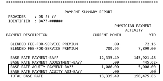 Screenshot of a table showing Payment Summary Report highliting base acuity payment values