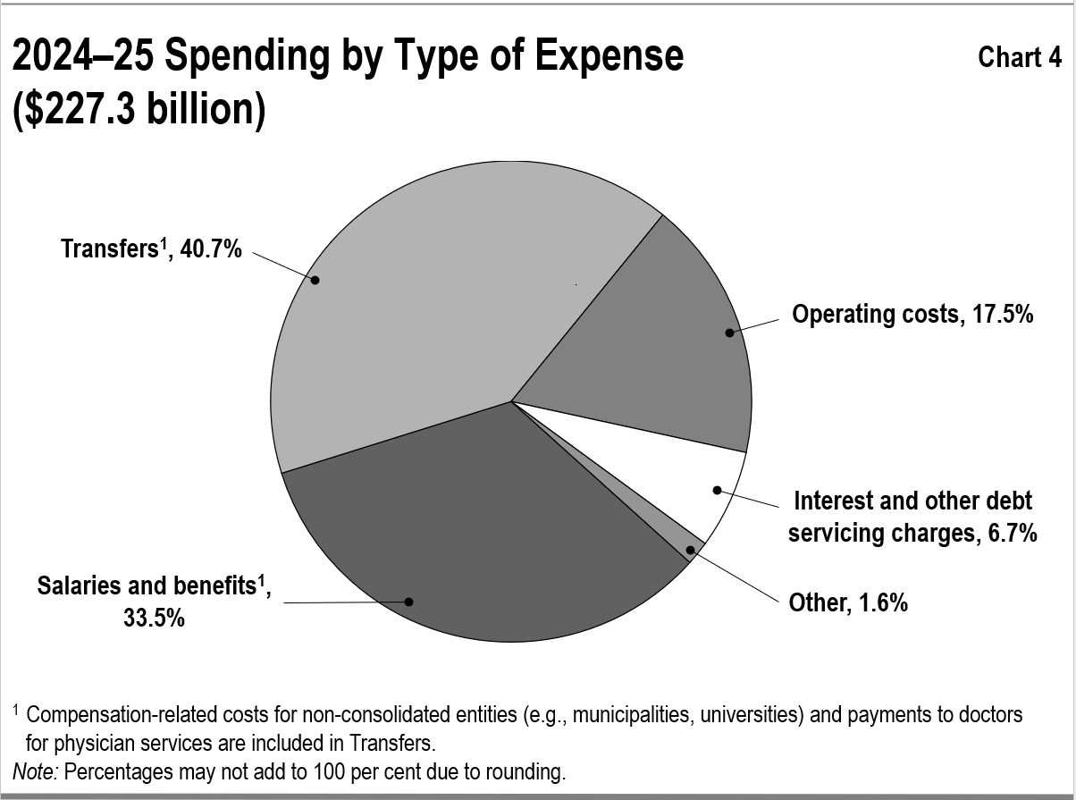 This chart shows the percentage composition of Ontario’s total expenses in 2024–25 by type of expense. Total expense is $227.3 billion.