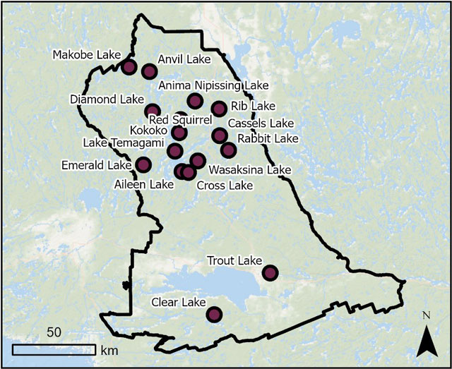 Map of Fisheries Management Zone 11 illustrating lakes with lake trout in them.