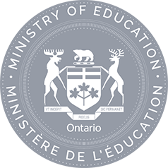 Image of circular seal for the Ministry of Education in Ontario. The outer ring reads 'MINISTRY OF EDUCATION' at the top and 'MINISTÈRE DE L'ÉDUCATION' at the bottom. Inside, a shield with three maple leaves and a bear on top is flanked by two upright deer. A banner below the shield displays the Latin motto 'UT INCEPIT FIDELIS SIC PERMANET.' The word 'Ontario' appears at the bottom.