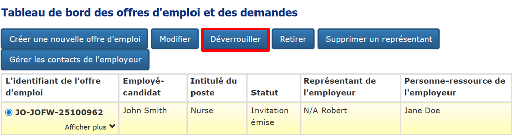 Capture d’écran montrant le Tableau de bord des offres d’emploi et des demandes; le bouton «&nbsp;Déverrouiller&nbsp;» est encadré.