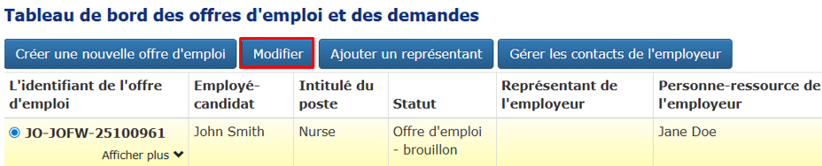 Capture d’écran montrant le Tableau de bord des offres d’emploi et des demandes; le bouton «&nbsp;Modifier&nbsp;» est encadré.