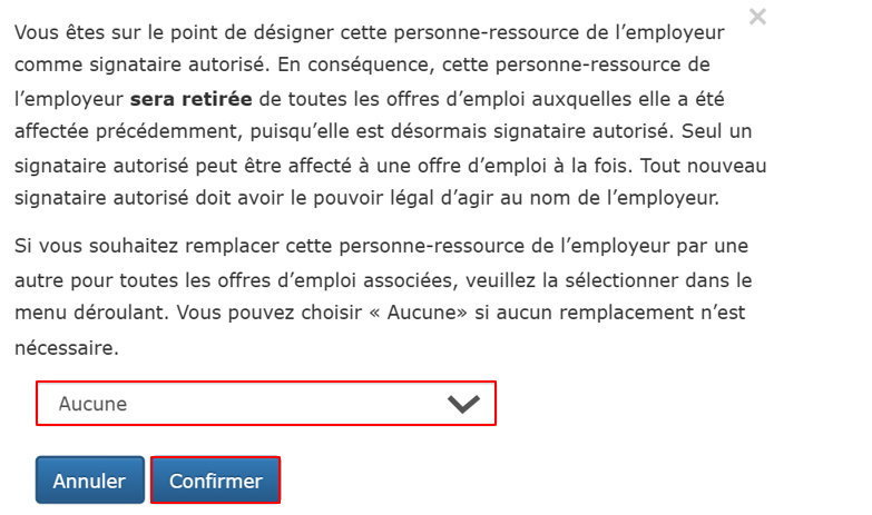 Saisie d’écran illustrant le menu déroulant et le bouton Confirmer. 