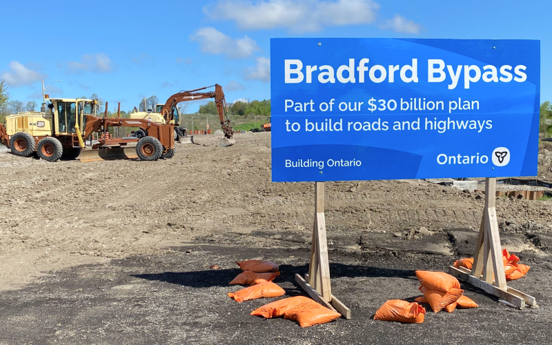Bradford Bypass construction sign at a construction site.