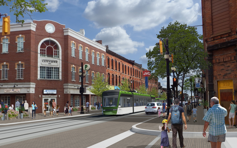 Illustration du projet de TLR de Hamilton sur une rue de la ville.