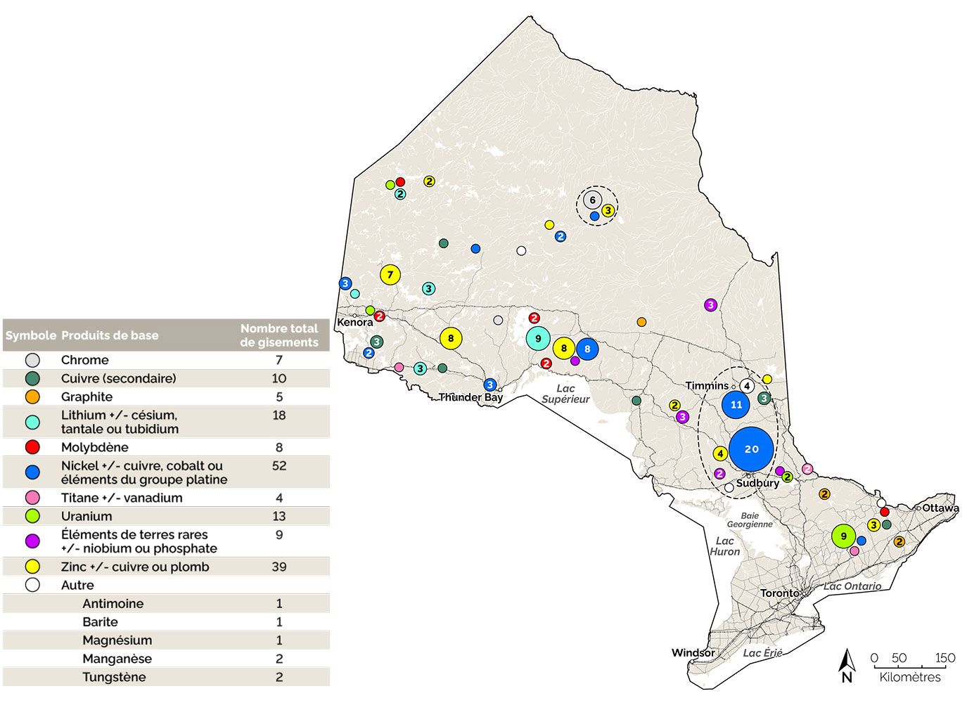 Cette carte montre le nombre de gisements de minéraux critiques avec des ressources définies en Ontario.