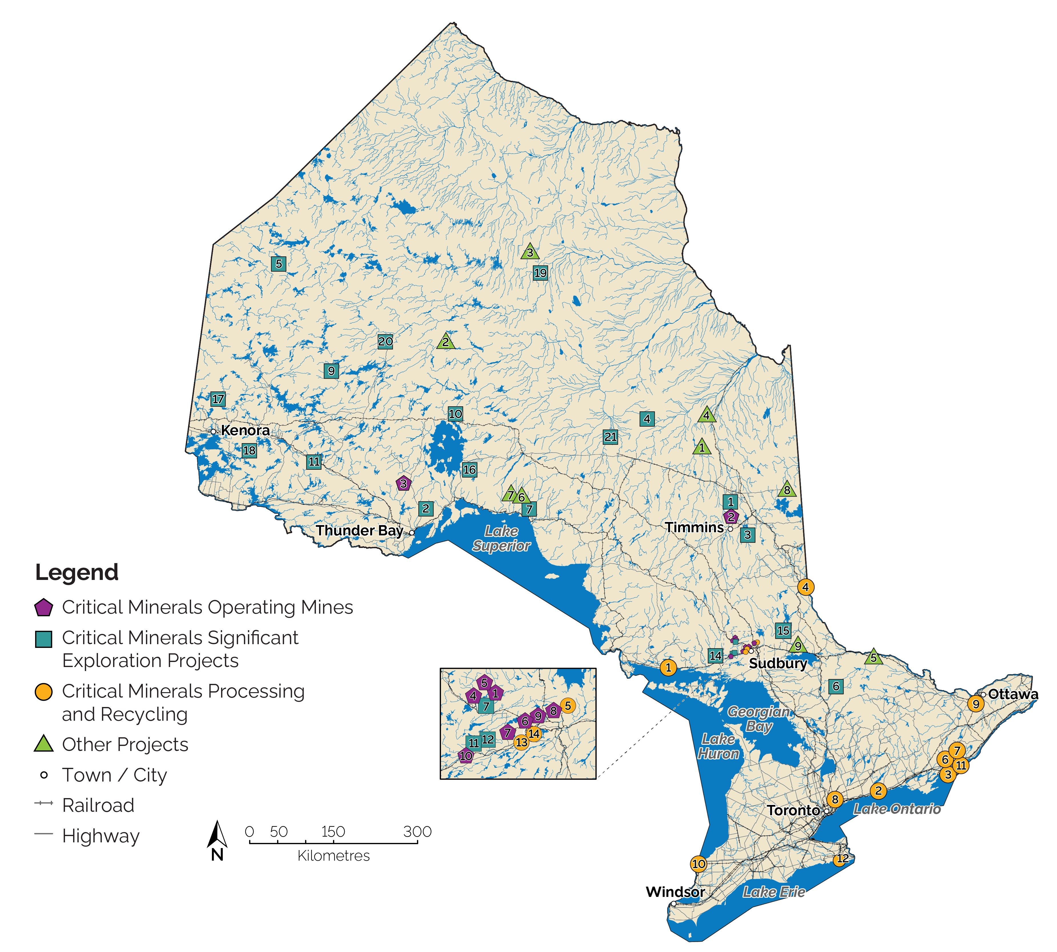 A map of Ontario's critical minerals deposits.