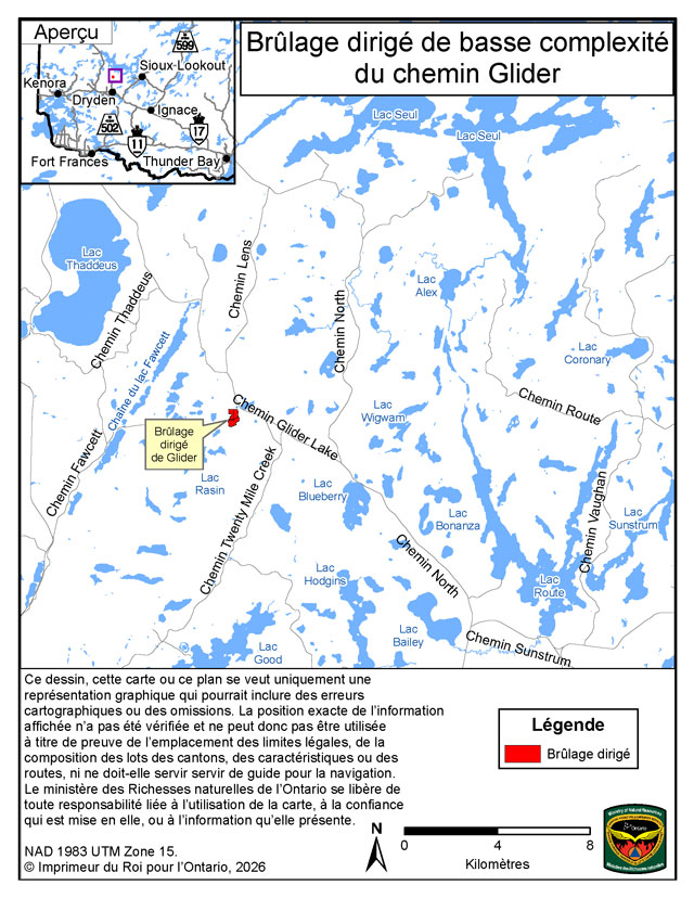 Cette carte montre la zone du brûlage dirigé de Glider Road situé à 37&nbsp;kilomètres au nord de la communauté de Dryden.