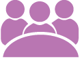 A trio of silhouettes in purple around  a table 