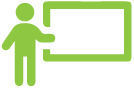 A green person in front of a board