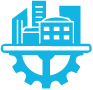 A group of buildings on top of a gear in blue