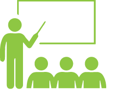 A green image of an instructor standing in front of a board in a classroom