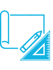 A blue pencil, triangle and blueprint