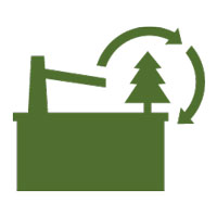 An illustrated icon of a lumber mill with a pine tree on the roof and 2 arrows arranged in a semi-circle.