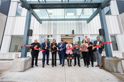 Ribbon‑cutting ceremony for the inauguration of the long‑term care home Le Foyer Richelieu in Welland, with, from left to right: Bishop Gerard Bergie; Sean Keays, Chief Executive Officer of Le Foyer Richelieu; Caroline Mulroney, Minister of Francophone Affairs; lead donor Mark Basiano; Board Chair Muriel Thibault‑Gauthier; Welland Mayor Frank Campion; Natalia Kusendova‑Bashta, Minister of Long‑Term Care; Vice‑Chair Vance Badawey; and Jason Bernard, President of Club Richelieu Welland