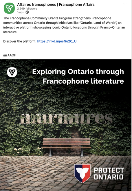 Screenshot of a social media post from the Ministry of Francophone Affairs promoting projects funded by the Ontario Francophonie Support Program. The post includes text and a photo showing a bench placed in front of a bush, with the word “murmures” concealed within it.