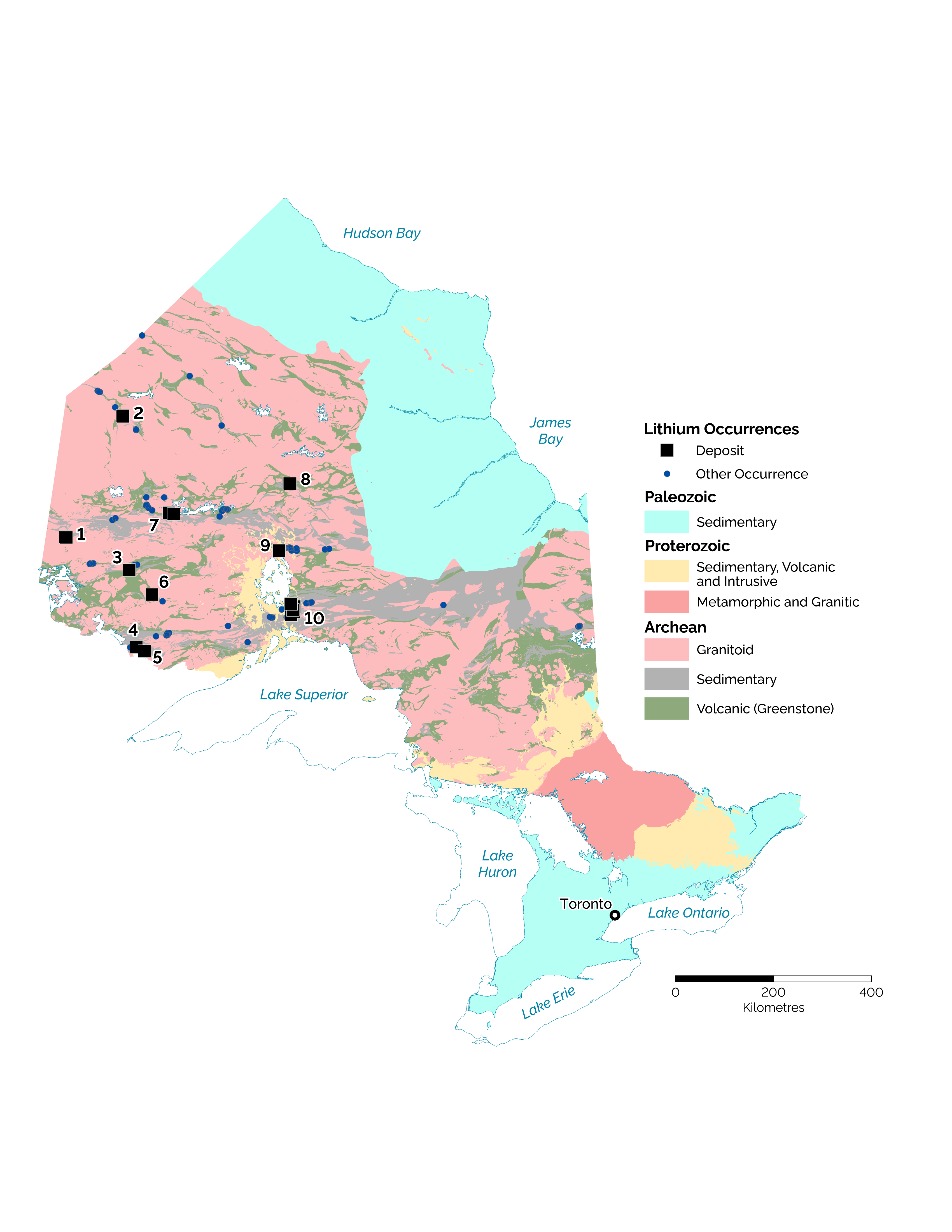 Map of lithium occurences in Ontario