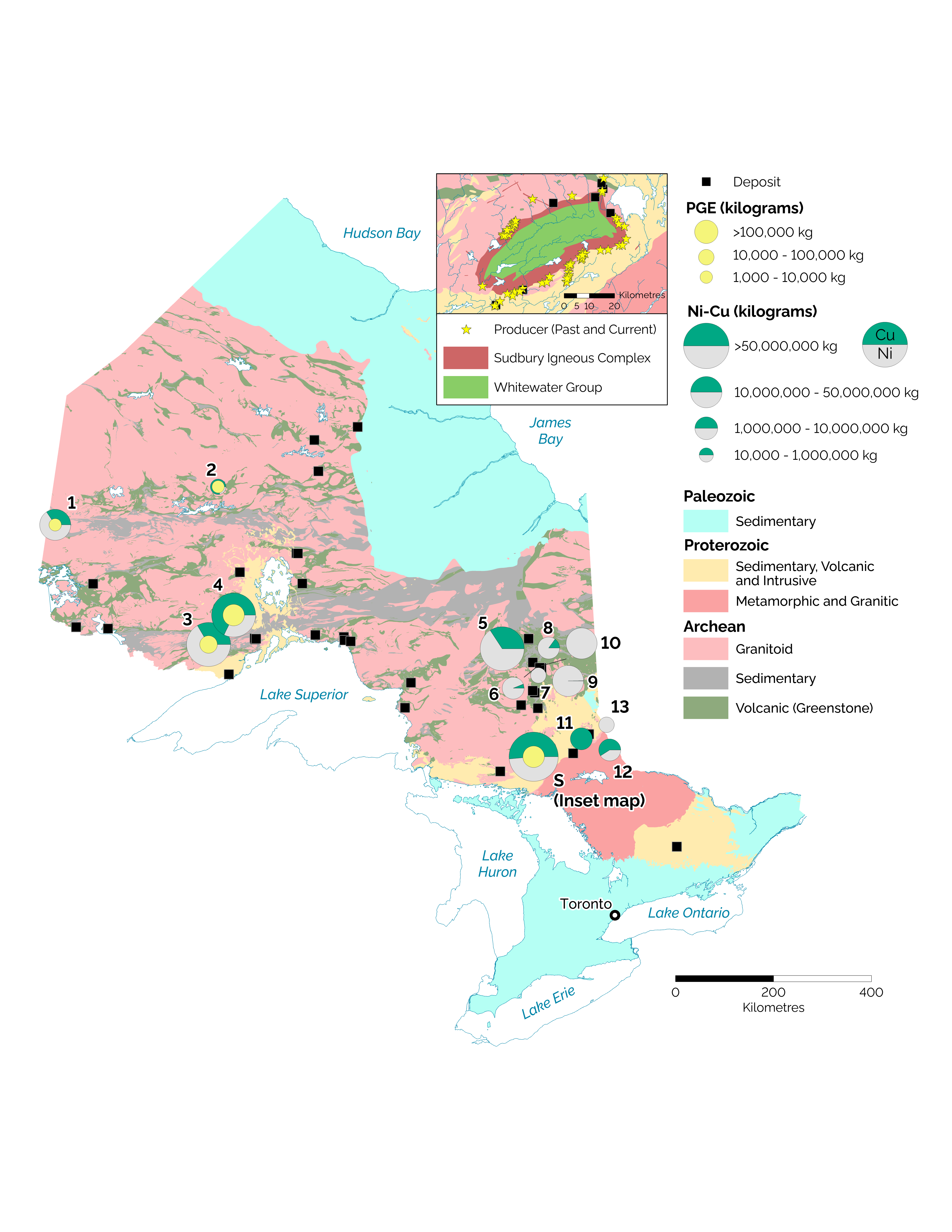 Map of nickel, copper, platinum group elements occurrences in Ontario