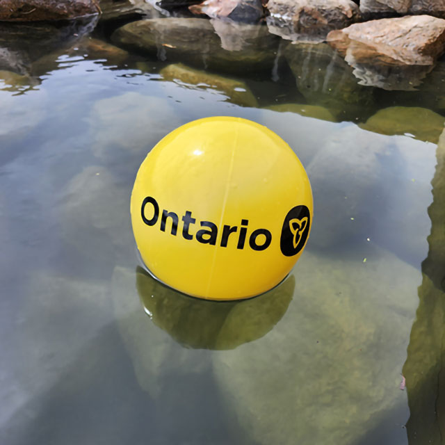 Une bouée jaune avec le logo du gouvernement de l’Ontario en noir flotte à la surface d’un lac.