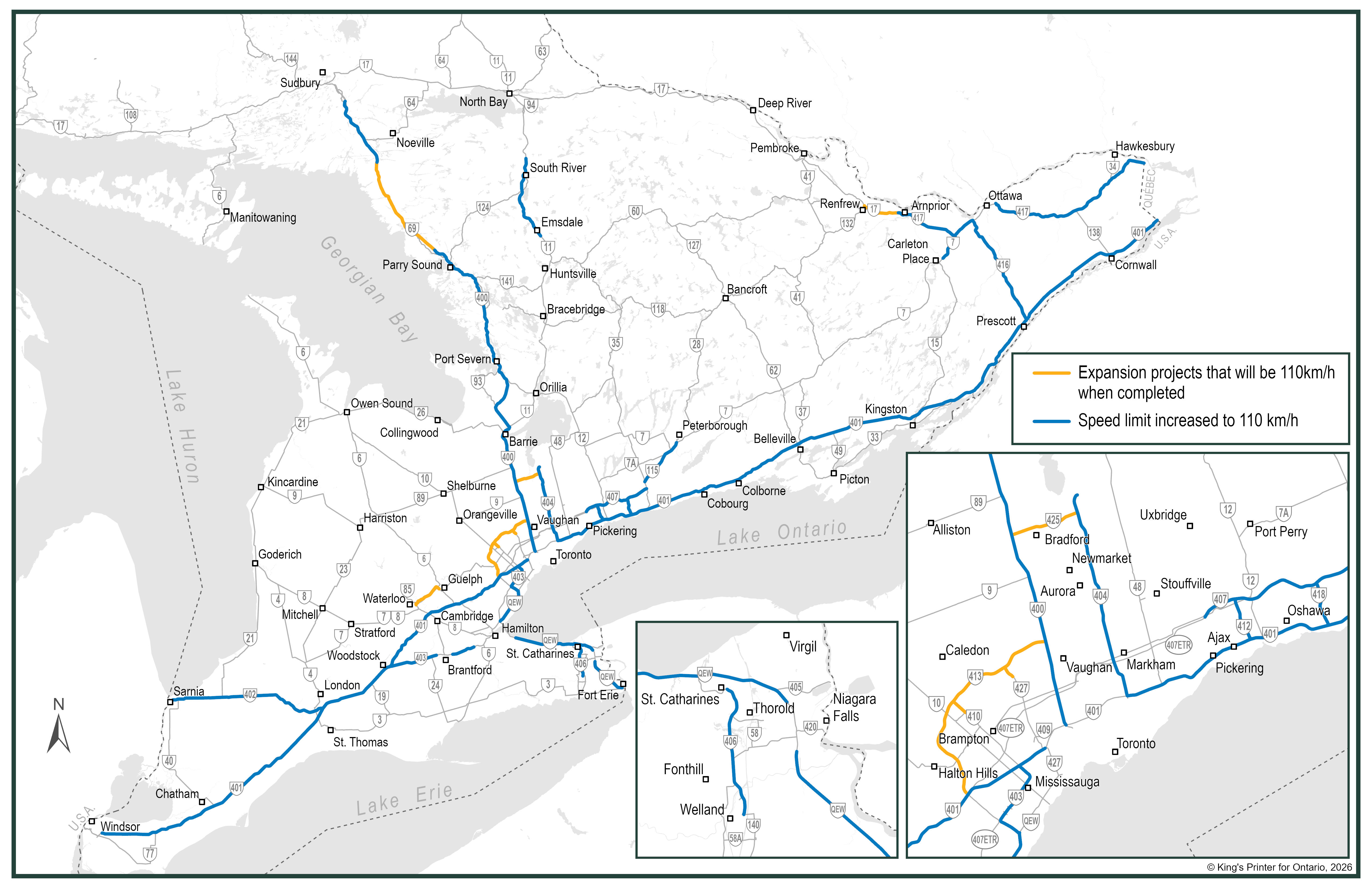 Map depicting speed limit increases in Ontario.